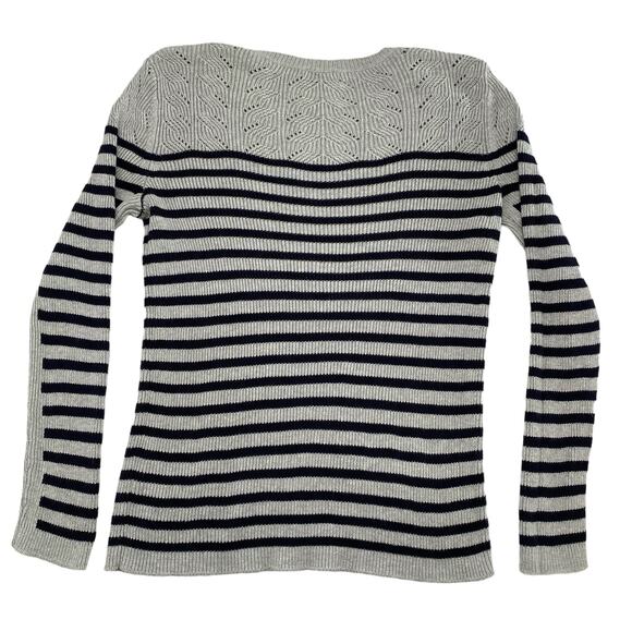TALBOTS Gray Navy Blue Stripe Button Shoulder Pullover Sweater Size Medium Women - Picture 5 of 11